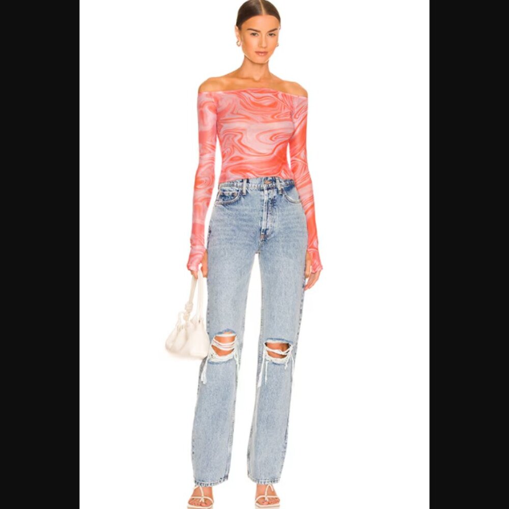 Superdown Revolve Emmie Off Shoulder Top Orange Pink Marble Swirl Semi-Sheer $58 - Picture 4 of 11